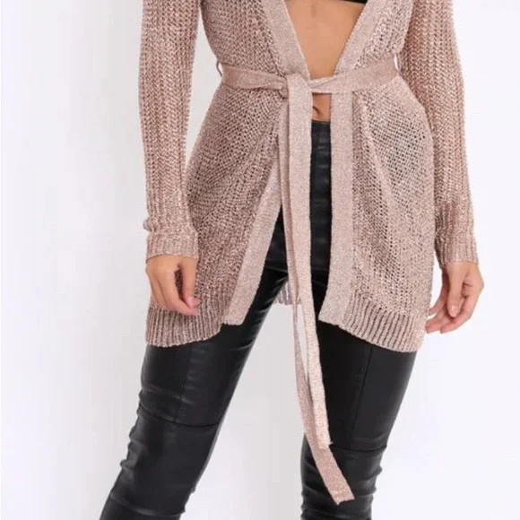 Elegant Rose Gold Metallic Open-Front Cardigan - Picture 2 of 2